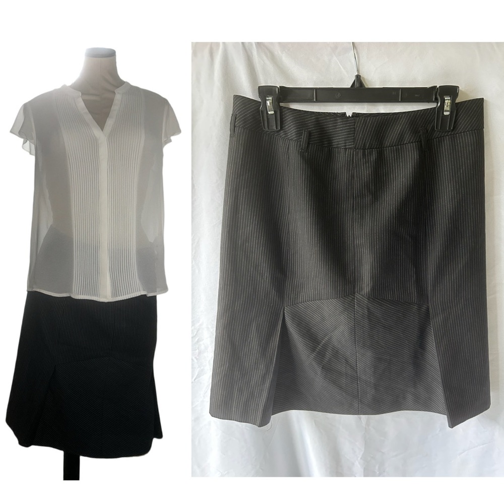 Ann Taylor LOFT A-Line Black Pinstripe Knee-Length  Pencil Skirt SIZE 4 56% Wool